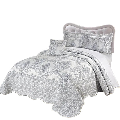 White Damask Embroidered 4 Piece Oversized Bedspread Set - King