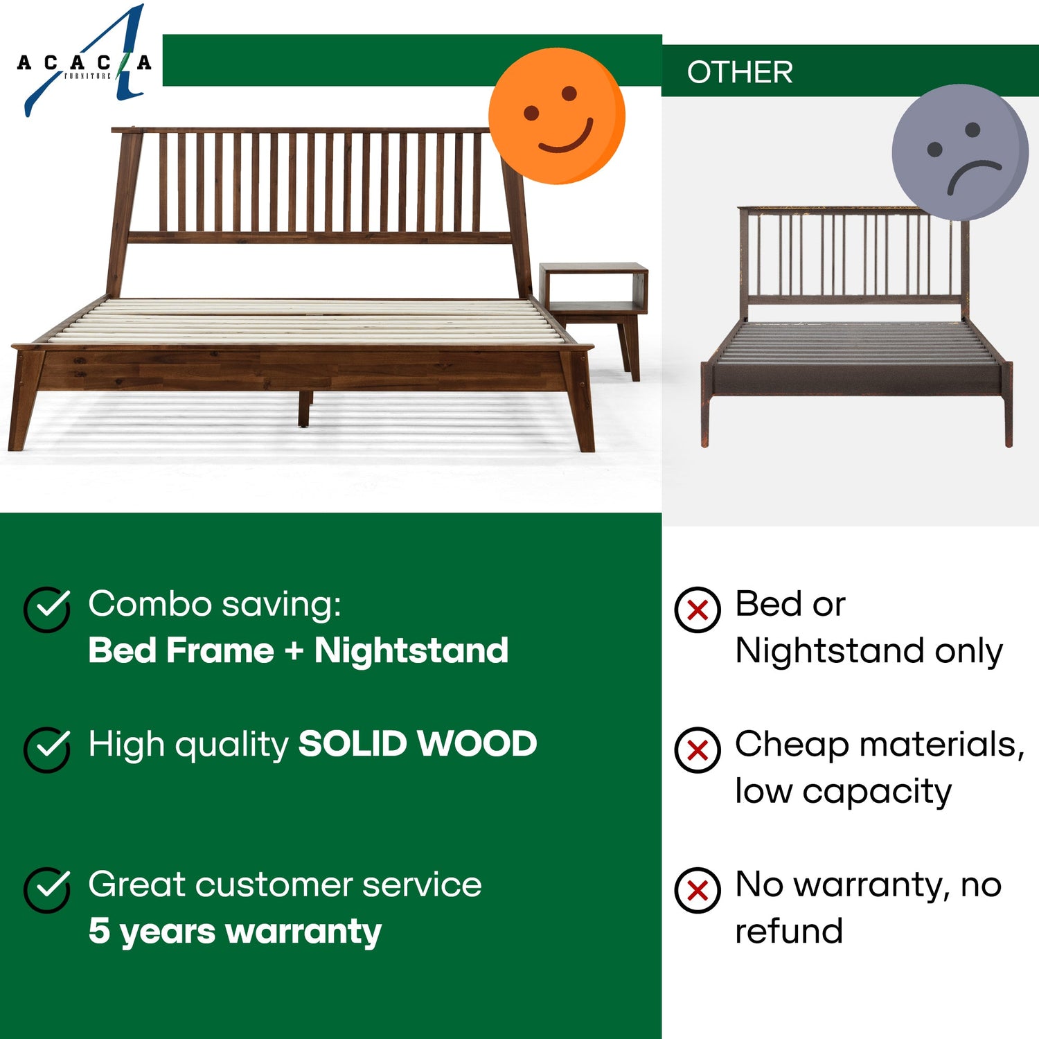 Kaylin Acacia Bed Frame &amp; Nightstand Set