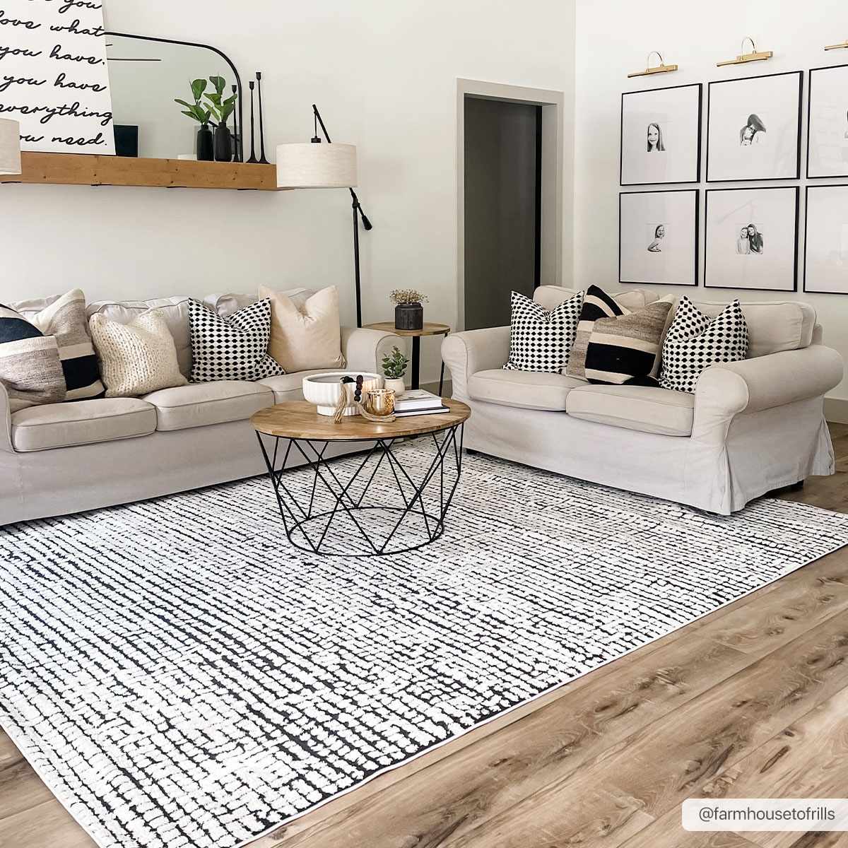 Keita Cream &amp; Black Grid Plush Rug