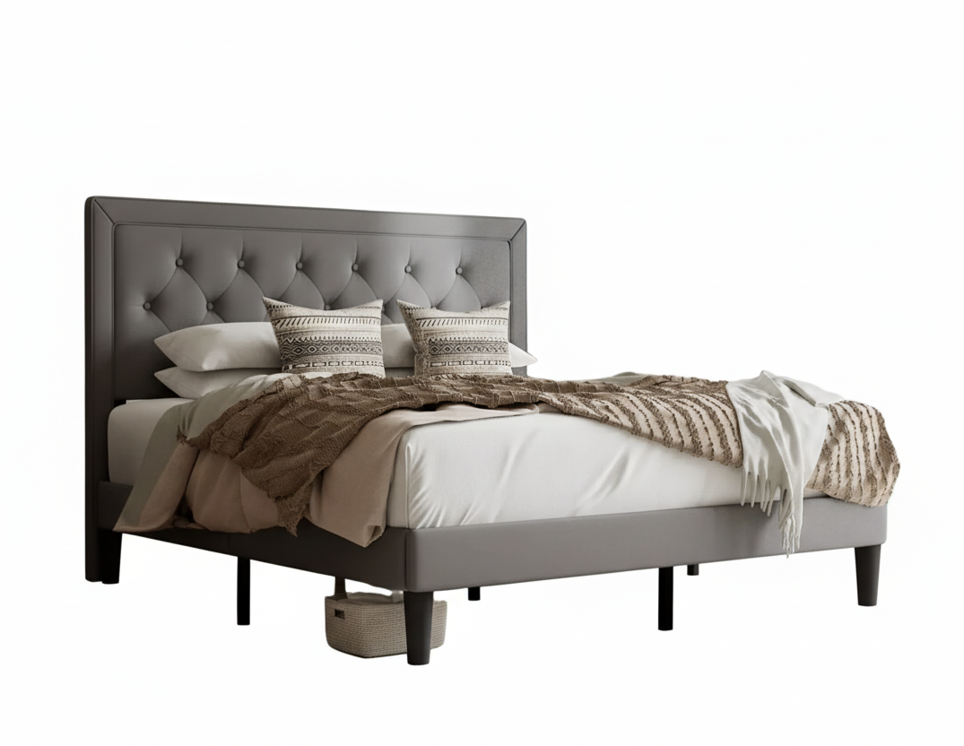 Queen Grey Linen Upholstered Platform Bed Frame with Button-Tufted Headboard
