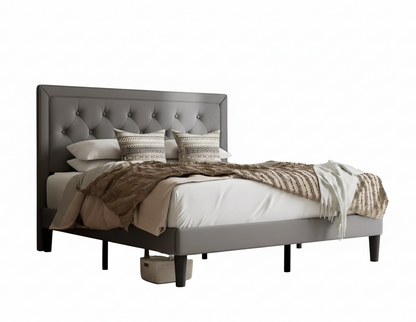 Queen Grey Linen Upholstered Platform Bed Frame with Button-Tufted Headboard