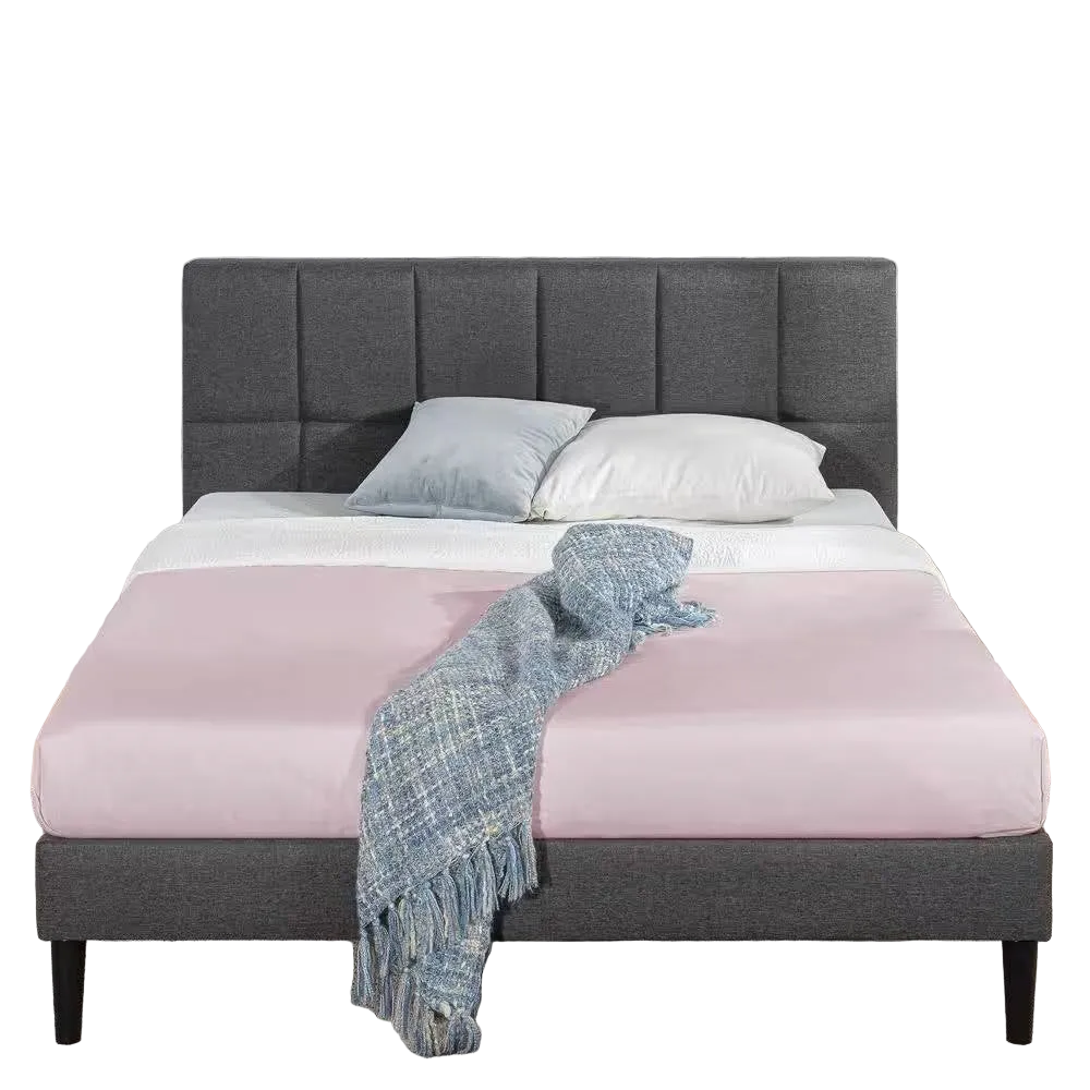 Queen size Grey Upholstered Platform Bed Frame with Padded Headboard