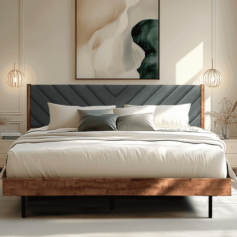 Acacia Astoria Upholstered Solid Wood Bed In Caramel or Walnut