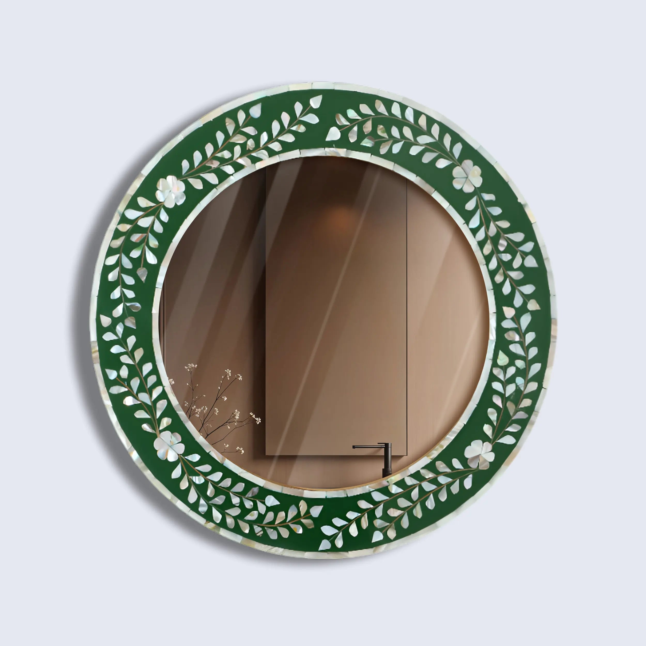 Handcrafted Round Mosaic  Mother of Pearl Wall Mirror in Green
