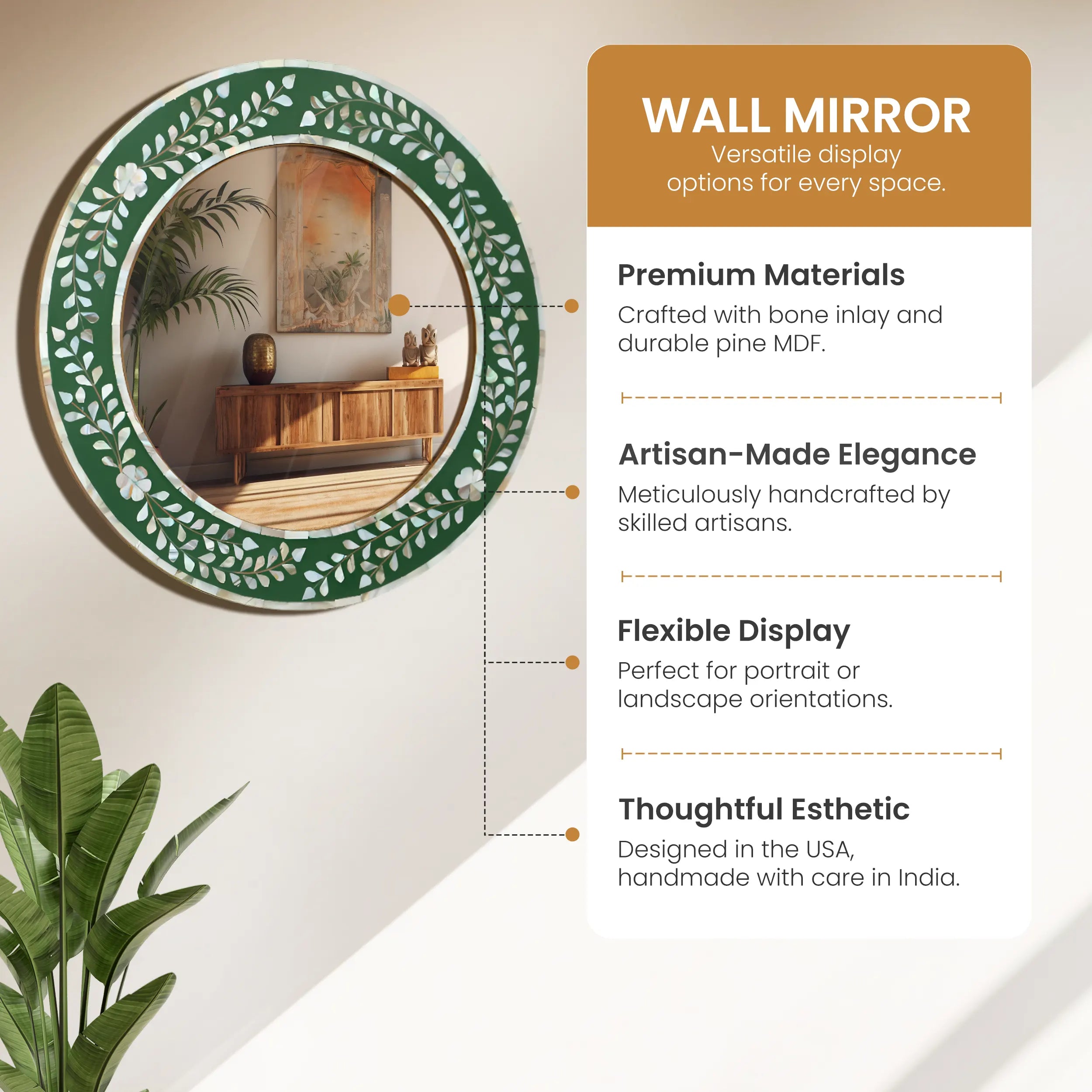 Handcrafted Round Mosaic  Mother of Pearl Wall Mirror in Green