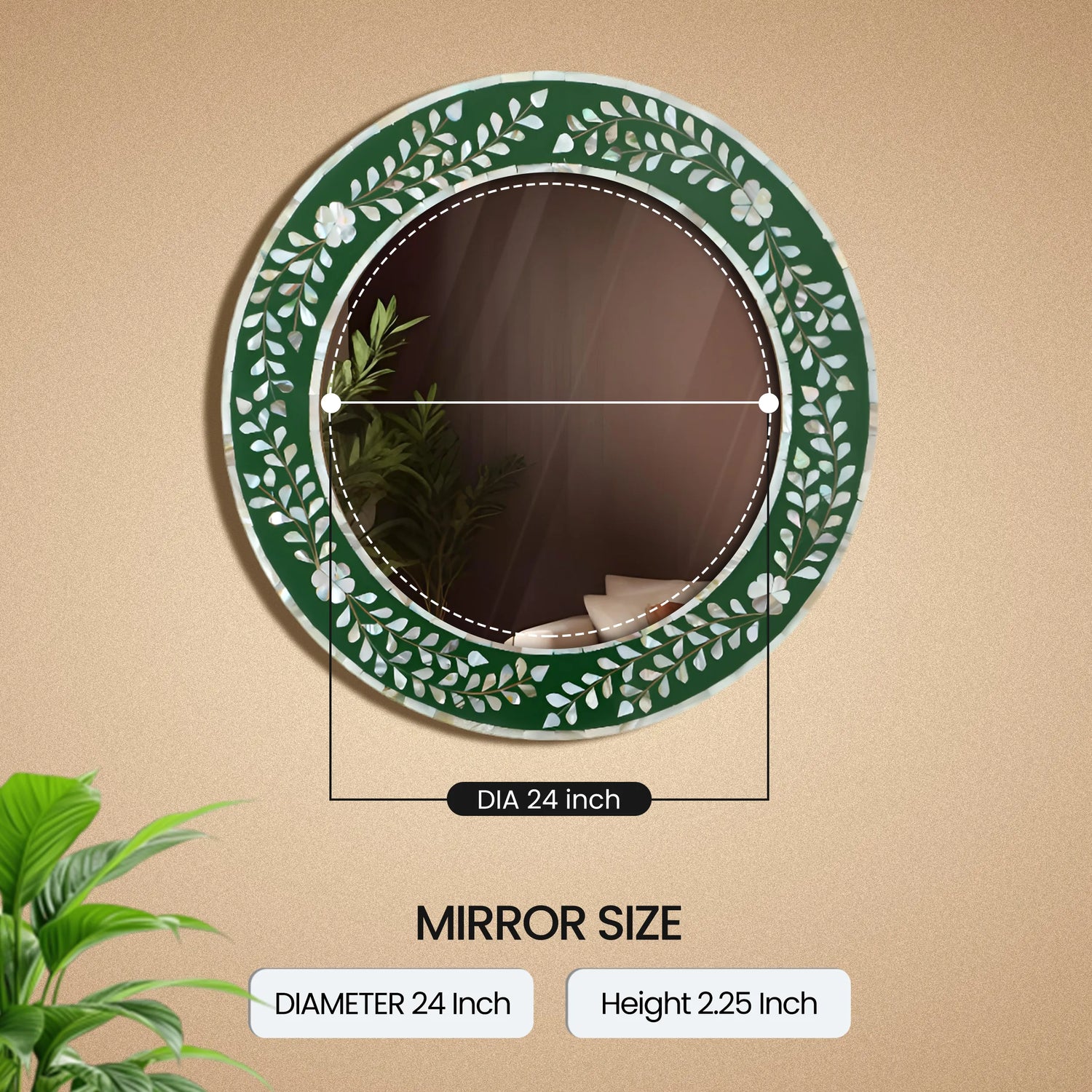 Handcrafted Round Mosaic  Mother of Pearl Wall Mirror in Green