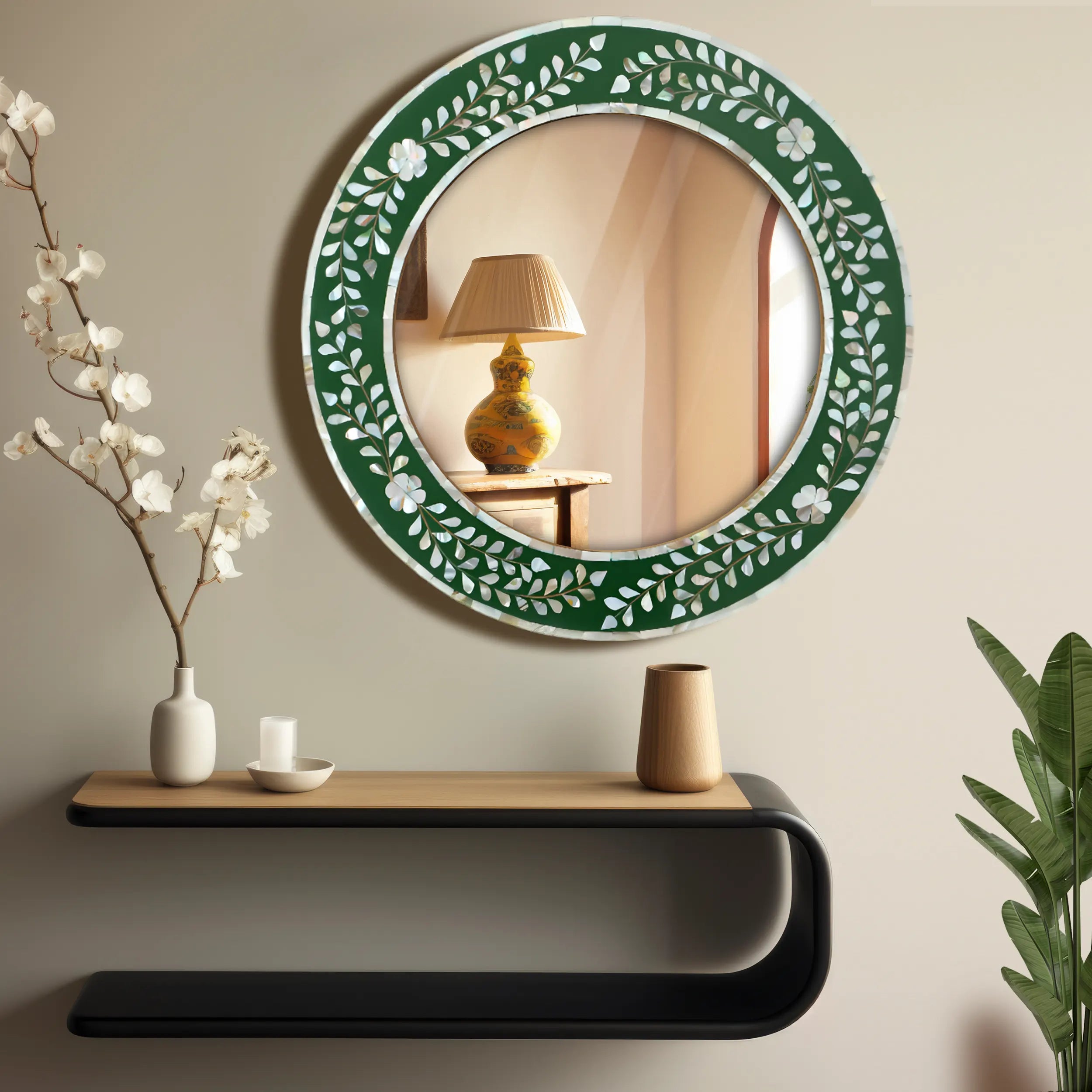 Handcrafted Round Mosaic  Mother of Pearl Wall Mirror in Green