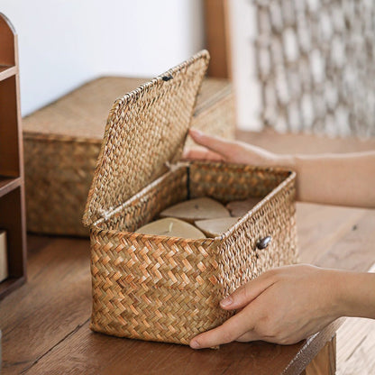 Rectangular Natural Straw Storage Baskets with Lid