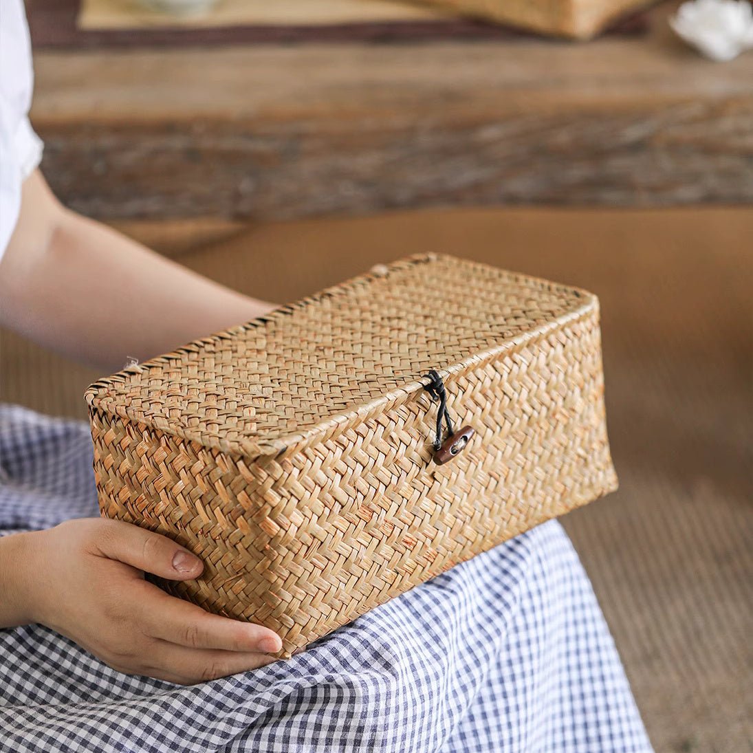 Rectangular Natural Straw Storage Baskets with Lid