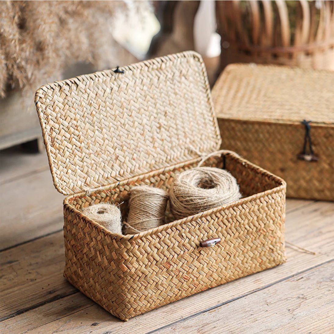 Rectangular Natural Straw Storage Baskets with Lid