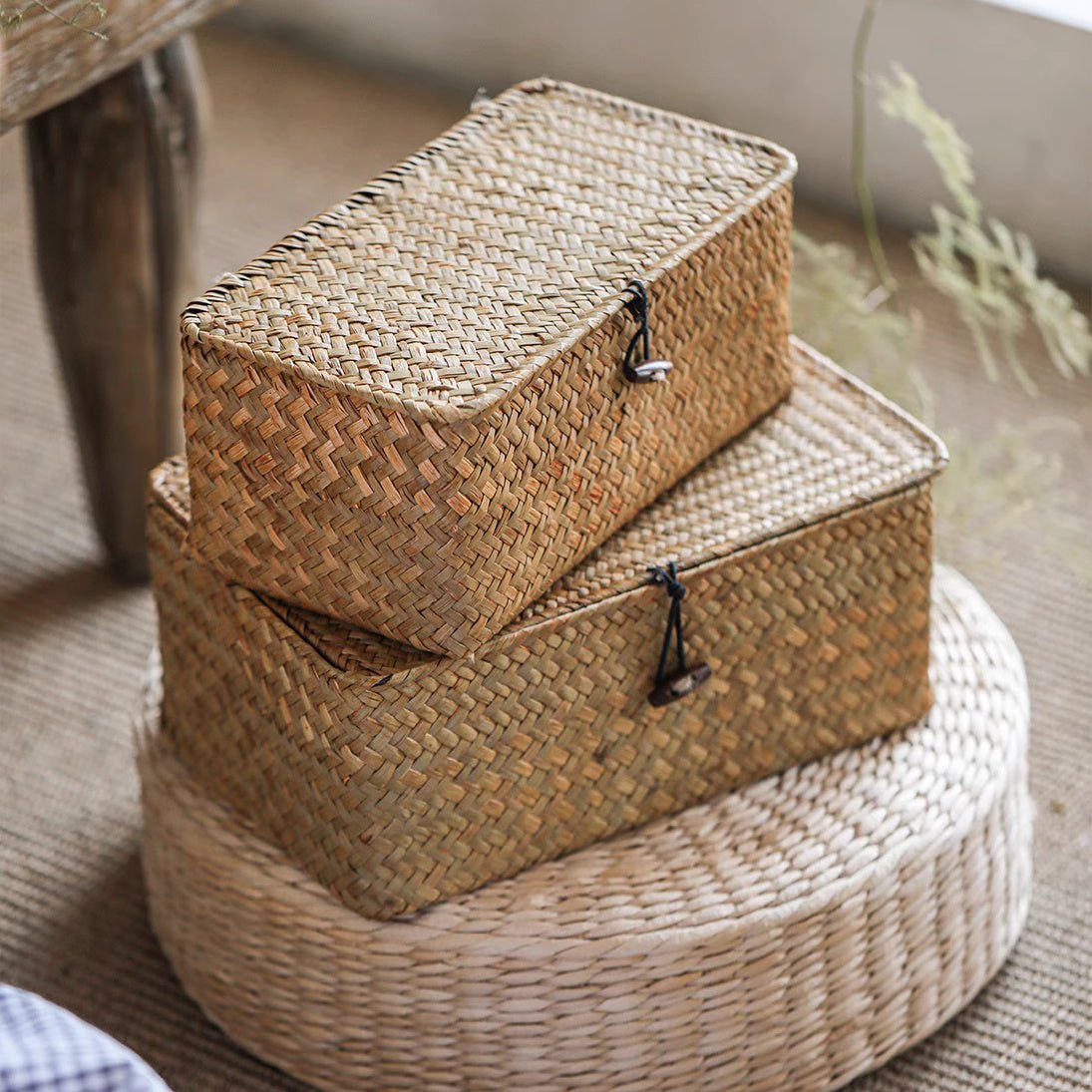 Rectangular Natural Straw Storage Baskets with Lid