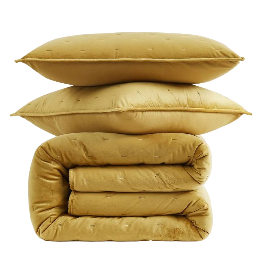 Full / Queen 3-Piece Mustard Yellow Velvet Embroidered Lavishly Soft Quilt Set