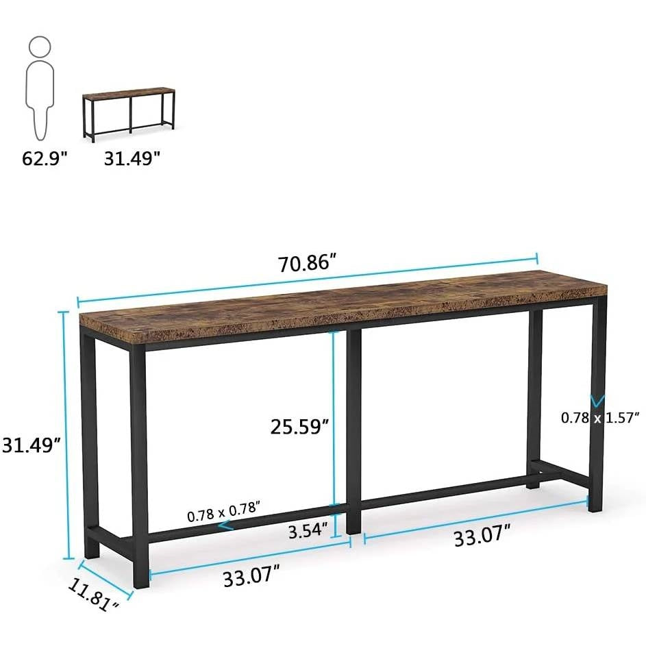 70-inch Space-Saving Console Table with Wood Top and Black Metal Frame