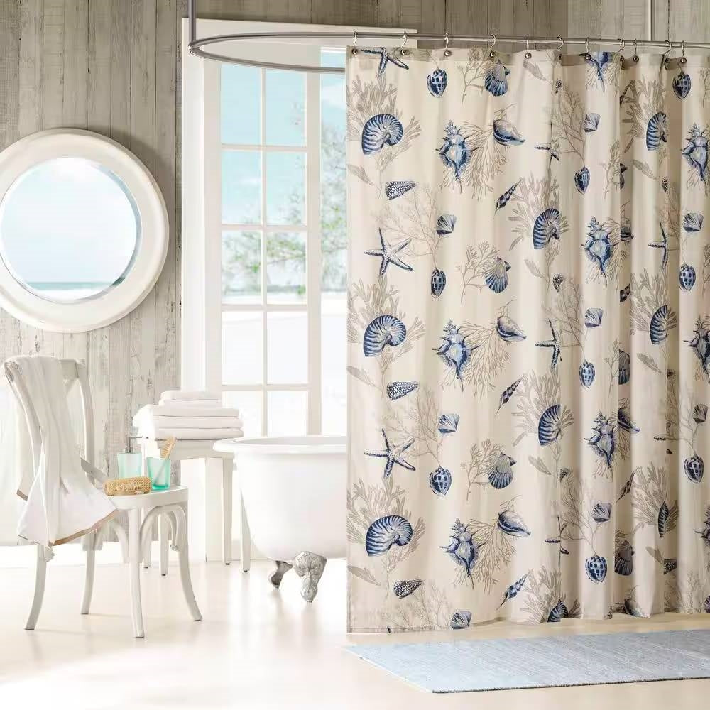 72 inch Beige/Navy Cotton Shower Curtain - Seashells