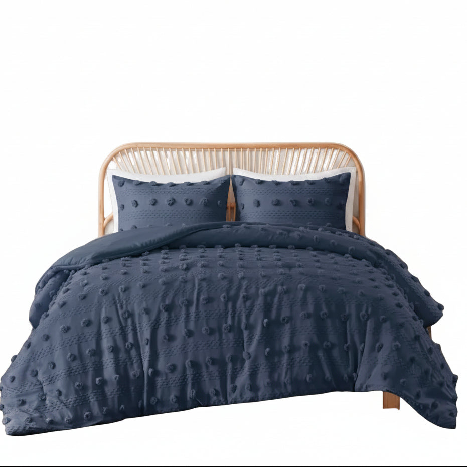 Full/Queen 3 Piece Navy Pompom Microfiber Hypoallergenic Comforter Set