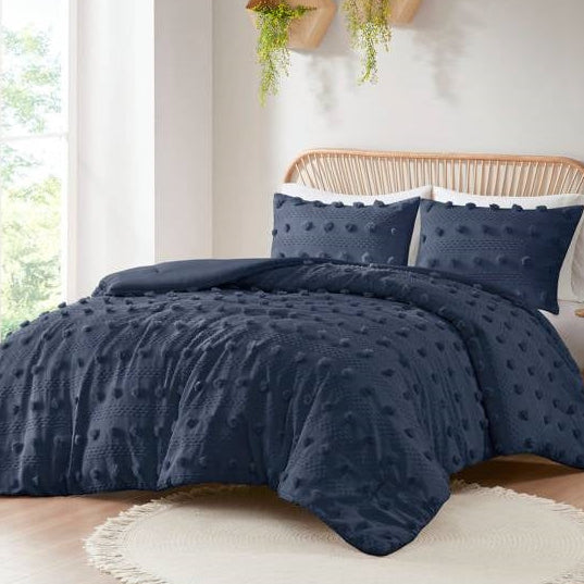 Twin/Twin XL 2 Piece Navy Pompom Microfiber Hypoallergenic Comforter Set