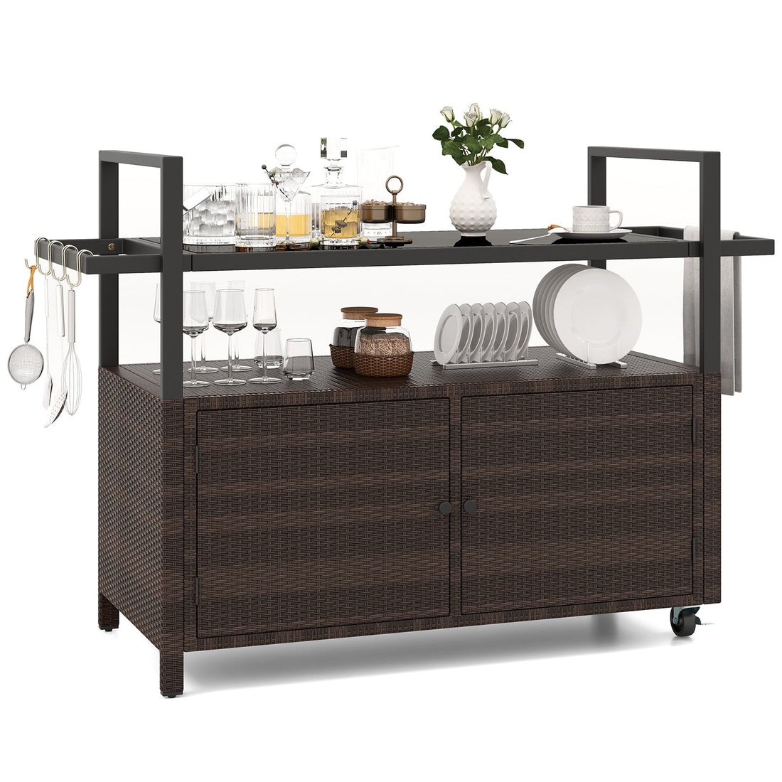 Outdoor Wicker Buffet Serving Cart with Cabinet and 8 Hooks - Black, Gray, or Brown