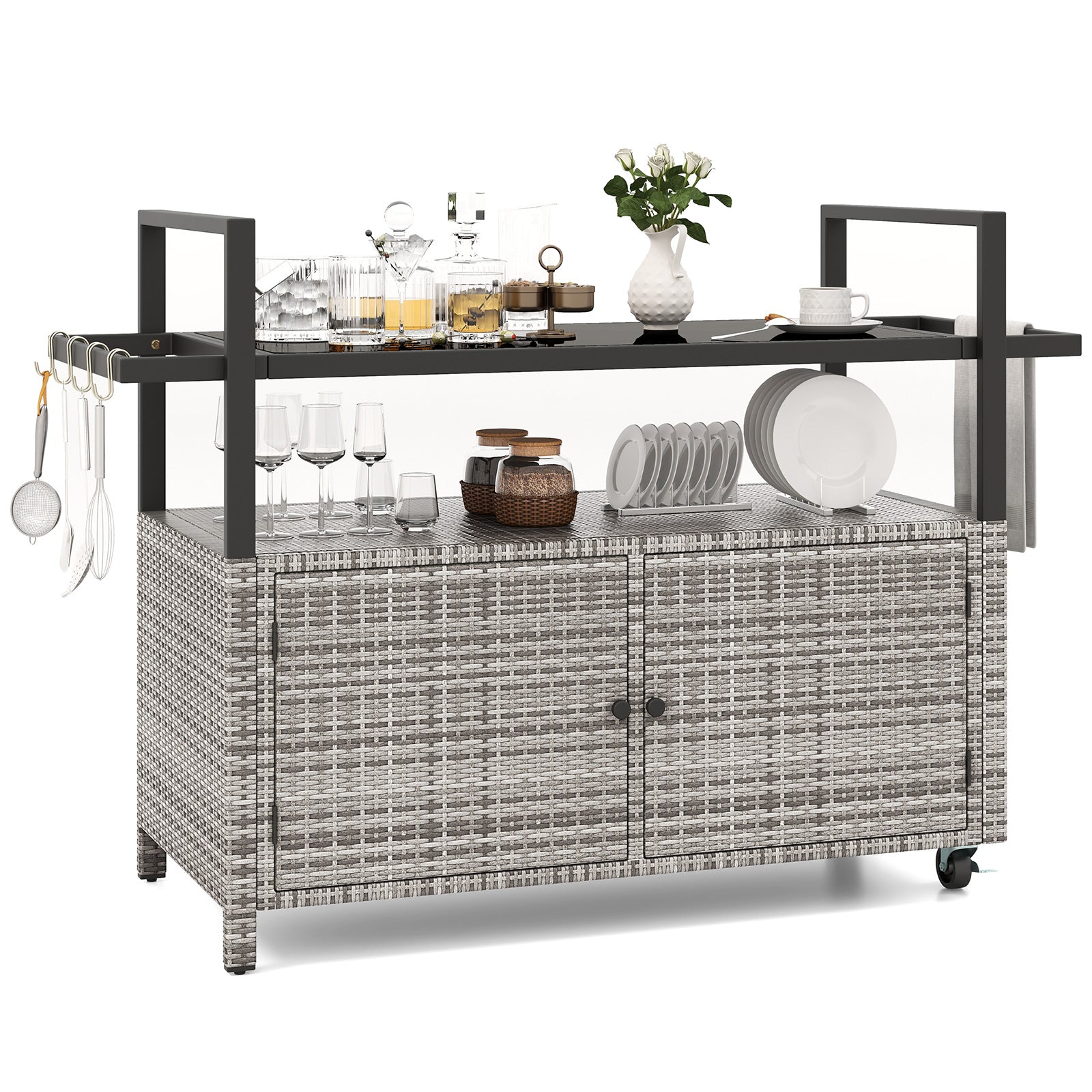 Outdoor Wicker Buffet Serving Cart with Cabinet and 8 Hooks - Black, Gray, or Brown