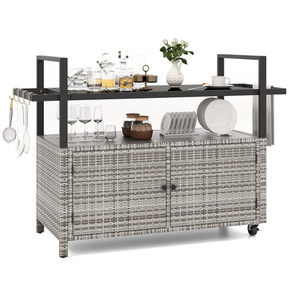 Outdoor Wicker Buffet Serving Cart with Cabinet and 8 Hooks - Black, Gray, or Brown