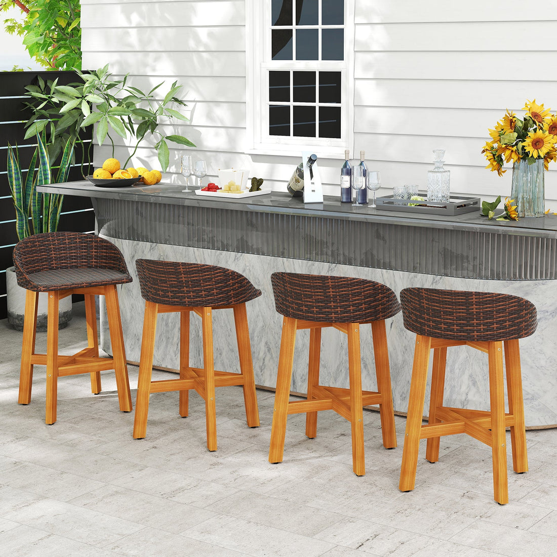Outdoor Rattan Bar Chairs Set of 2 - Brown or Gray