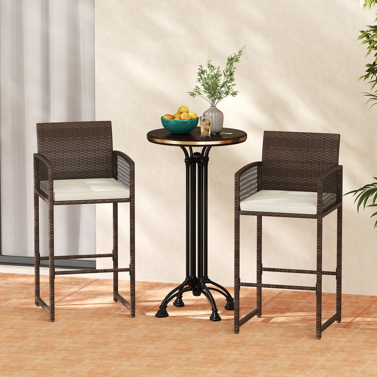 Set of 2 Patio Bar Height Rattan Chairs with Cushions
