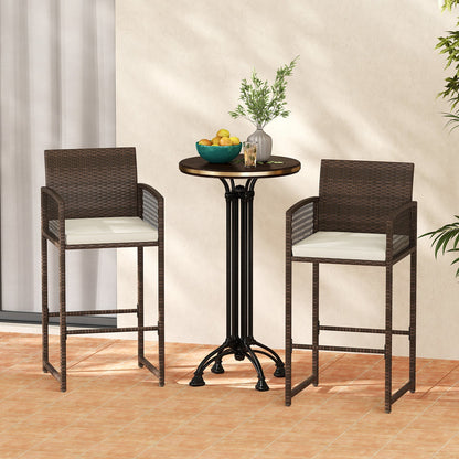 Set of 2 Patio Bar Height Rattan Chairs with Cushions