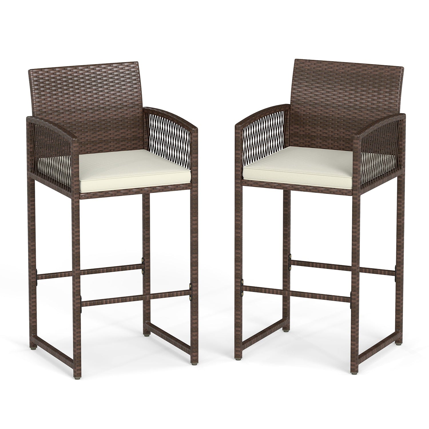 Set of 2 Patio Bar Height Rattan Chairs with Cushions