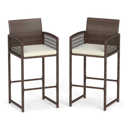 Set of 2 Patio Bar Height Rattan Chairs with Cushions