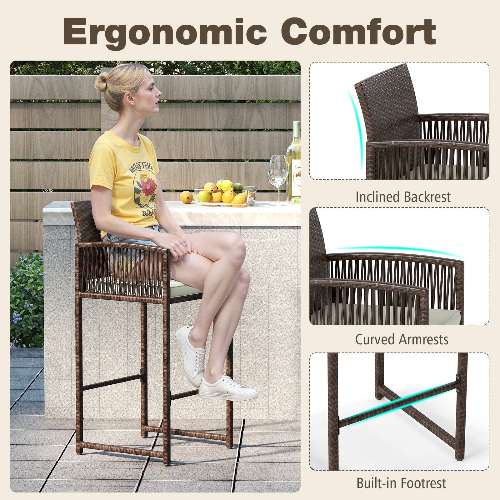 Set of 2 Patio Bar Height Rattan Chairs with Cushions