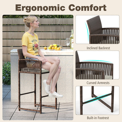 Set of 2 Patio Bar Height Rattan Chairs with Cushions