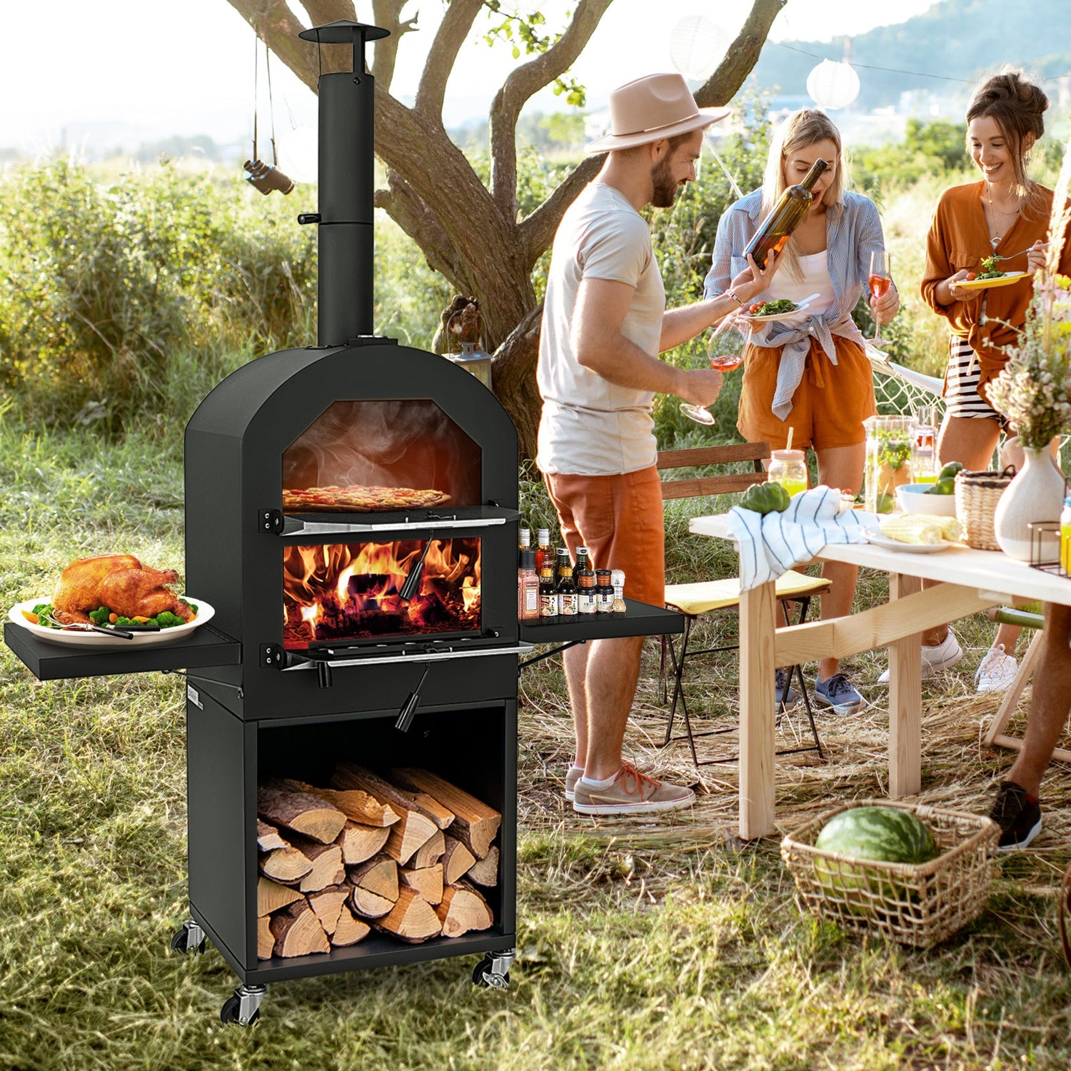 Outdoor Pizza Oven with Protective Cover, Grill Racks and Built-in Thermometer