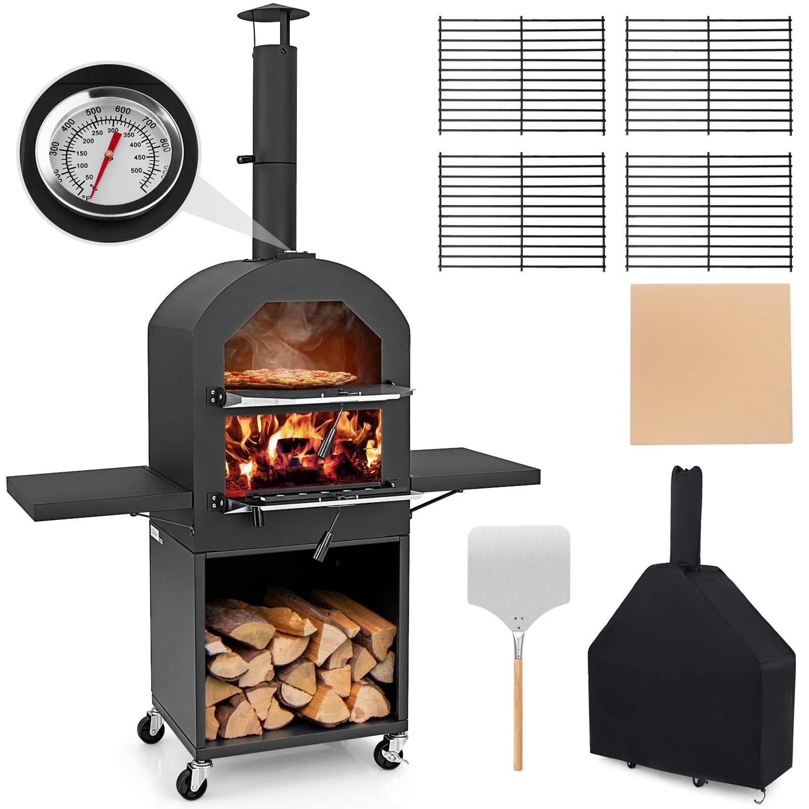Outdoor Pizza Oven with Protective Cover, Grill Racks and Built-in Thermometer