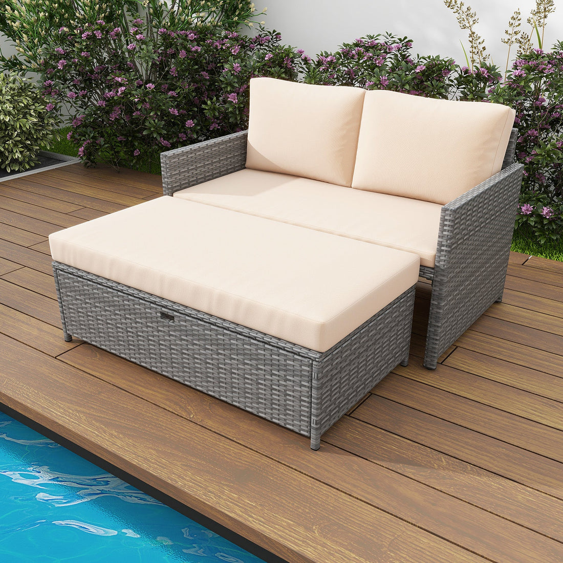 Outdoor Rattan Daybed Loveseat and 31 Gallon Storage Ottoman