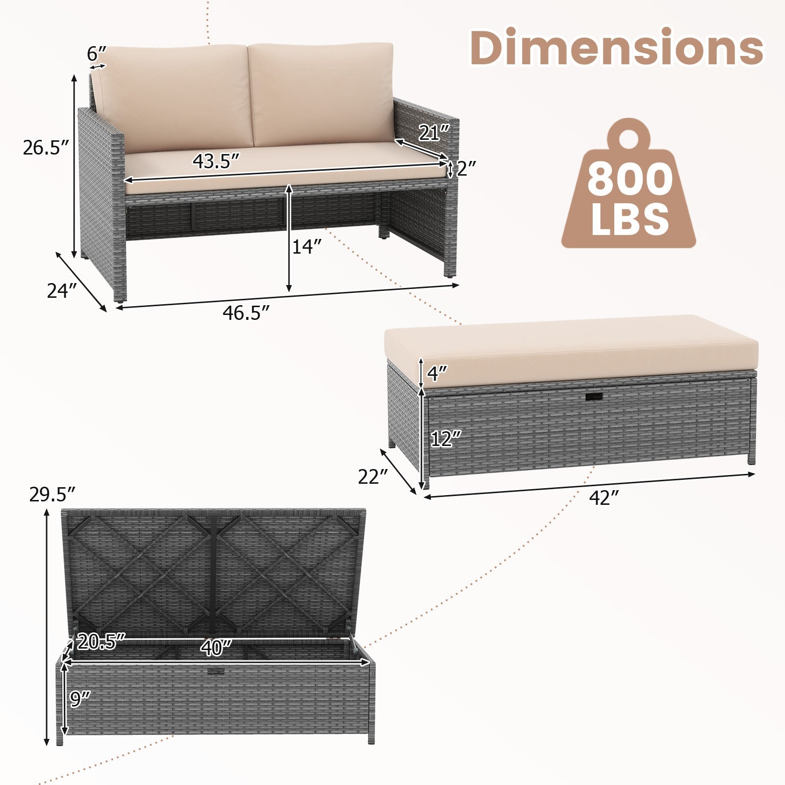 Outdoor Rattan Daybed Loveseat and 31 Gallon Storage Ottoman