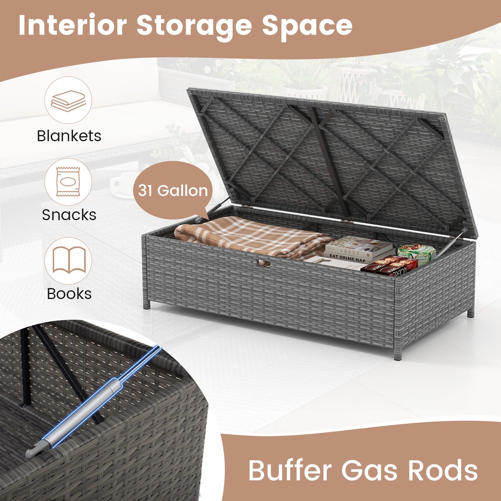 Outdoor Rattan Daybed Loveseat and 31 Gallon Storage Ottoman