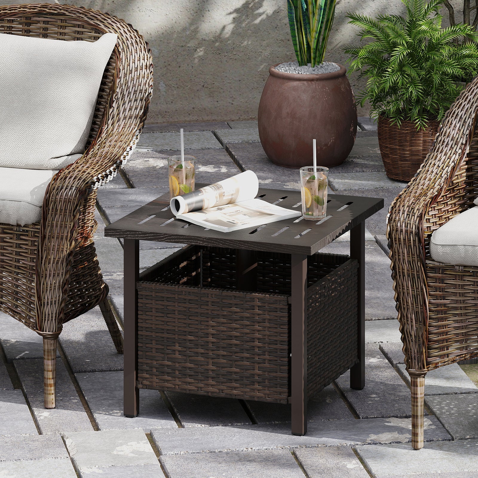 All-Weather PE Wicker Patio Table with Umbrella Hole