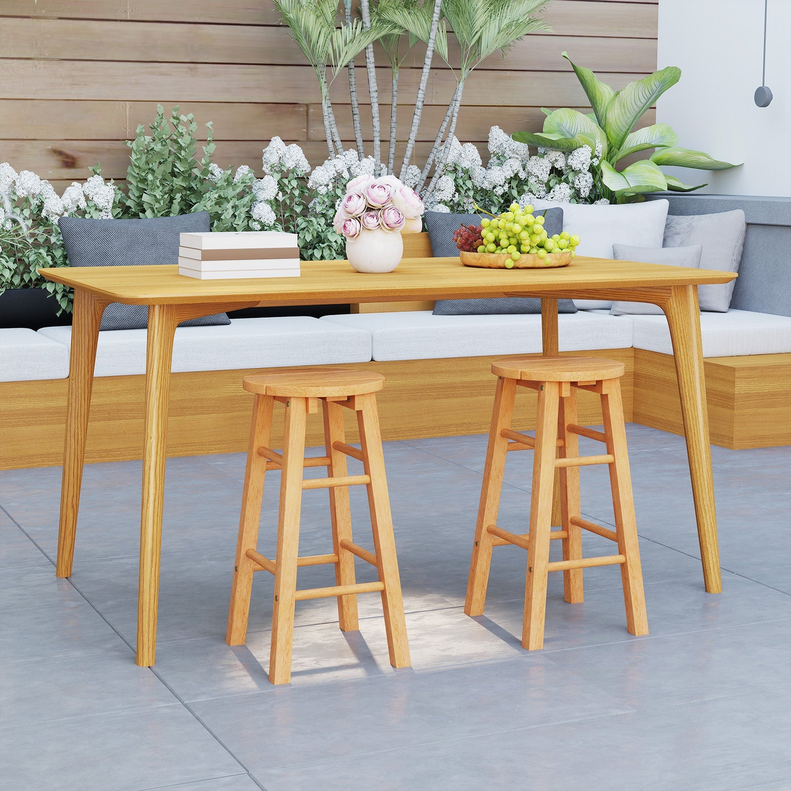 Indoor/Outdoor Wooden Bar Stools w/ Round Seat and Footrest - Set of 2