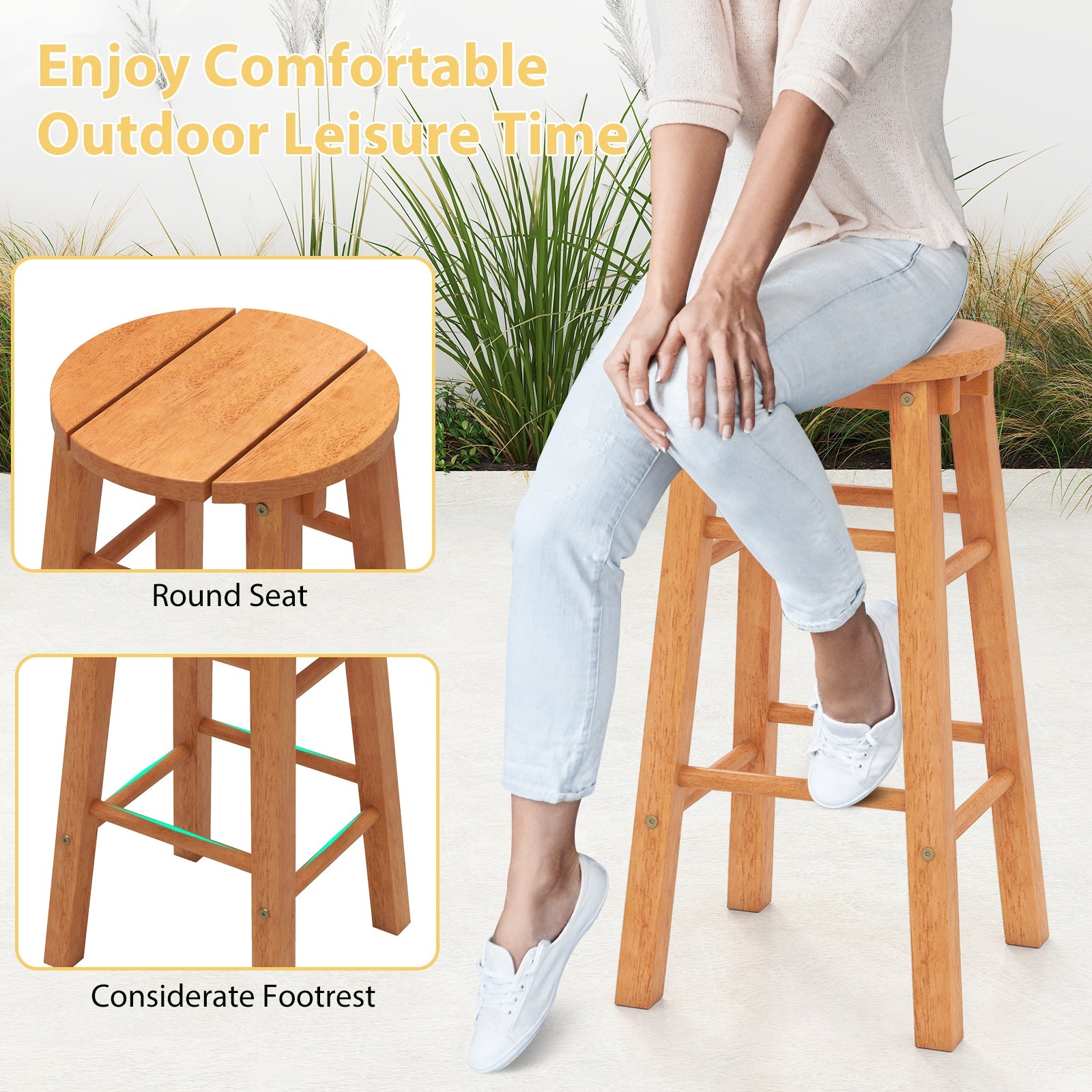 Indoor/Outdoor Wooden Bar Stools w/ Round Seat and Footrest - Set of 2