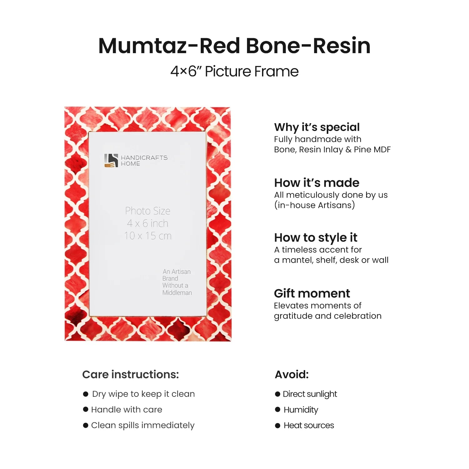 Moroccan Pattern Bone &amp; Resin Inlay Frame - Red