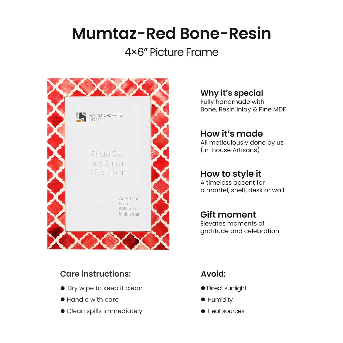 Moroccan Pattern Bone &amp; Resin Inlay Frame - Red