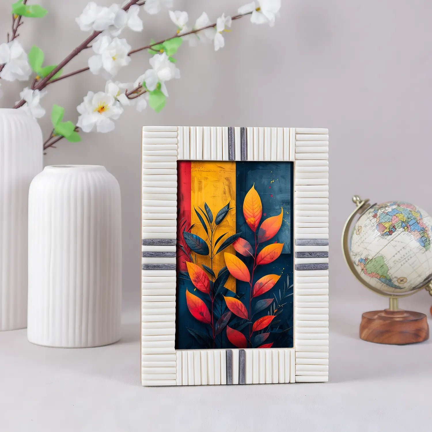 Handmade Bone Inlay Gray and White Frame