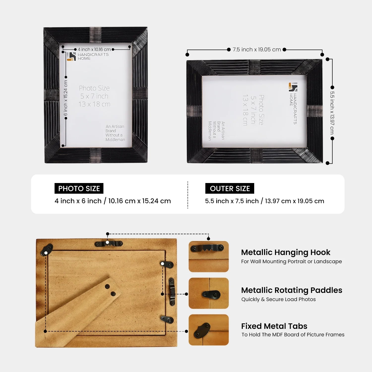 Handcrafted Shagrin Horn Inlay Picture Frame in Black