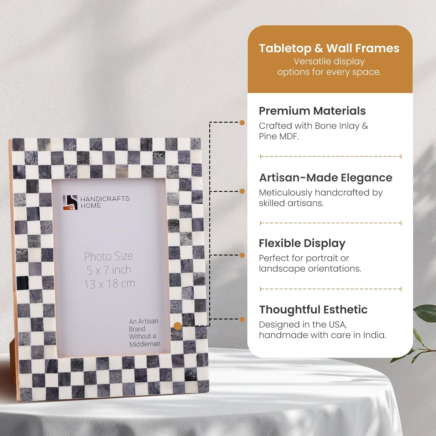 Handcrafted Checkered Pattern Bone Inlay Picture Frame in Gray
