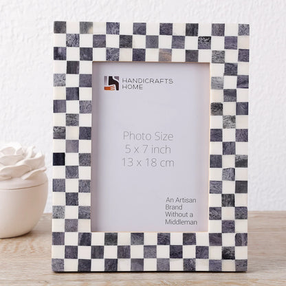 Handcrafted Checkered Pattern Bone Inlay Picture Frame in Gray
