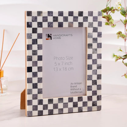 Handcrafted Checkered Pattern Bone Inlay Picture Frame in Gray