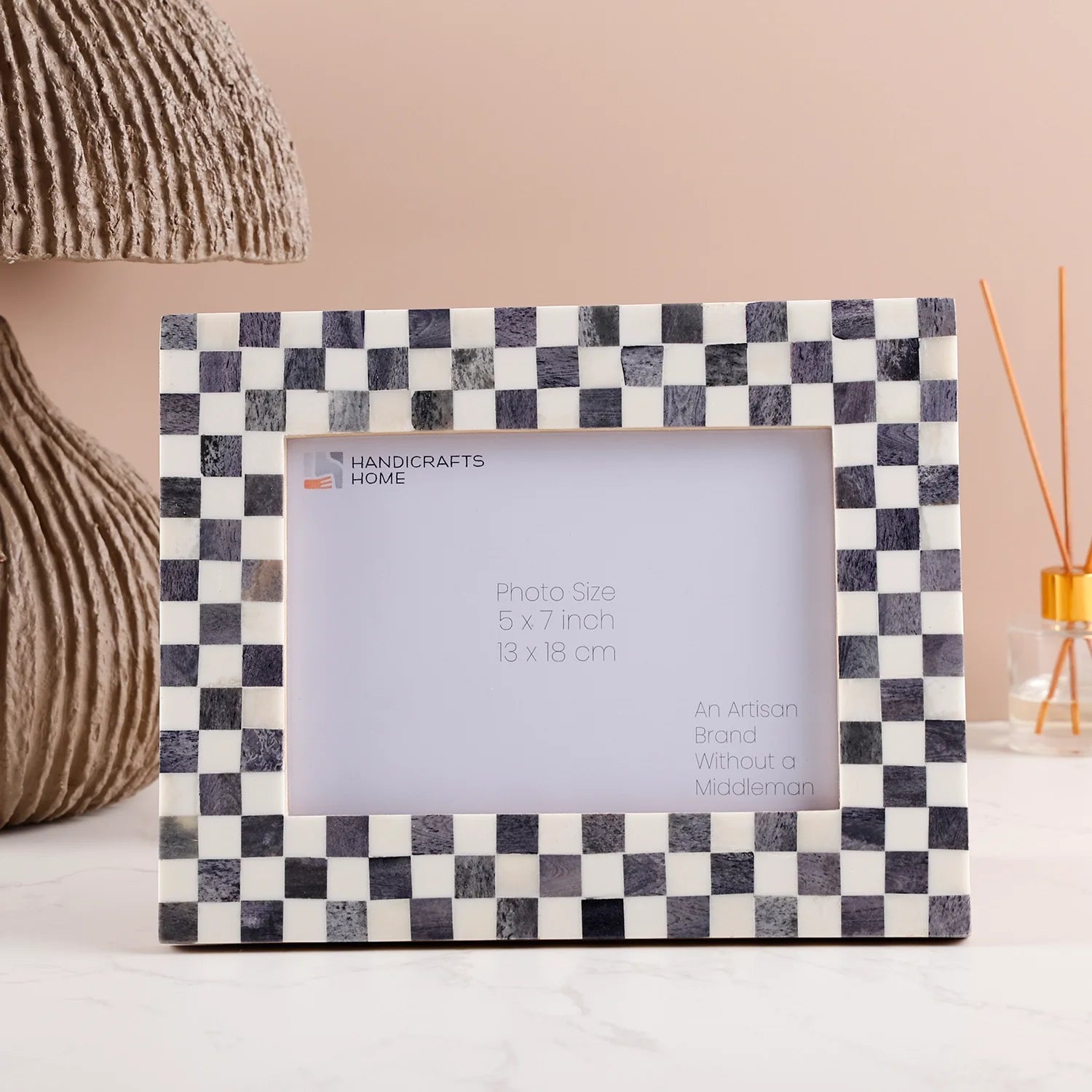 Handcrafted Checkered Pattern Bone Inlay Picture Frame in Gray