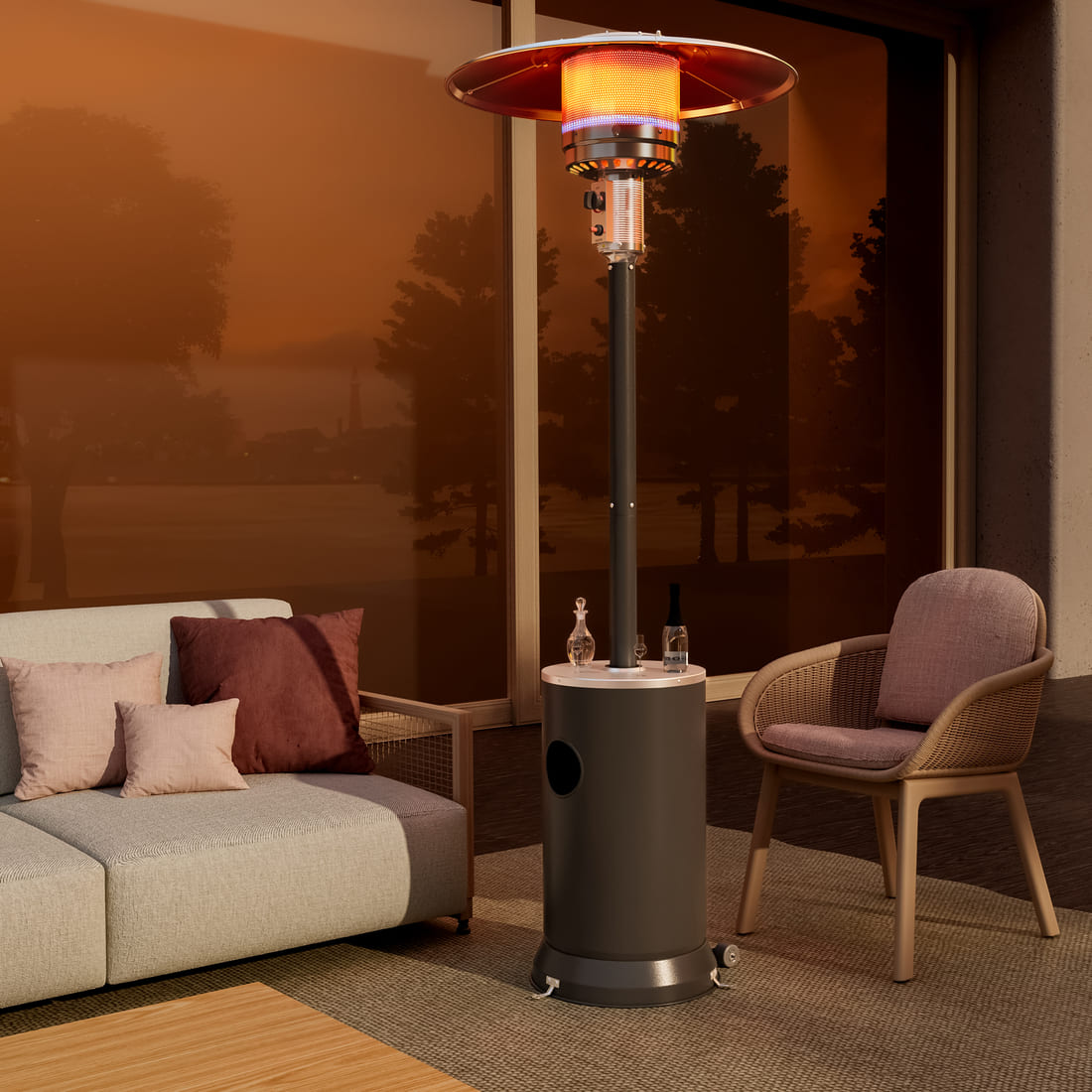 Propane Patio Heater with Table Design &amp; Wheels - 3 Colors