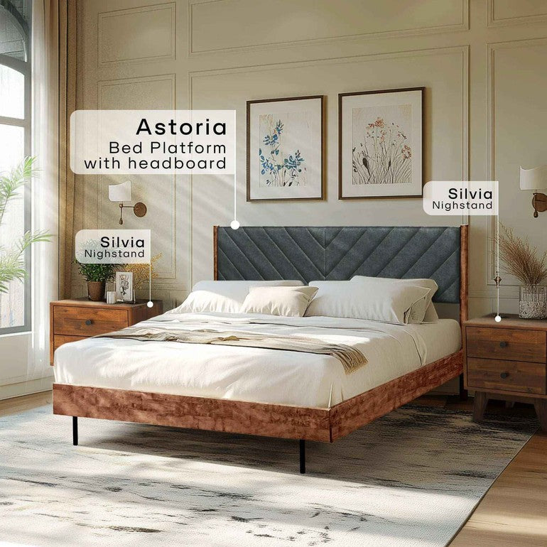 Acacia Astoria Upholstered Solid Wood Bed In Caramel or Walnut