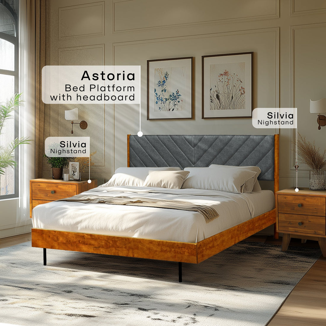 Acacia Astoria Upholstered Solid Wood Bed In Caramel or Walnut