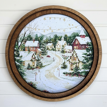 Christmas Village Round Framed Canvas Artwork